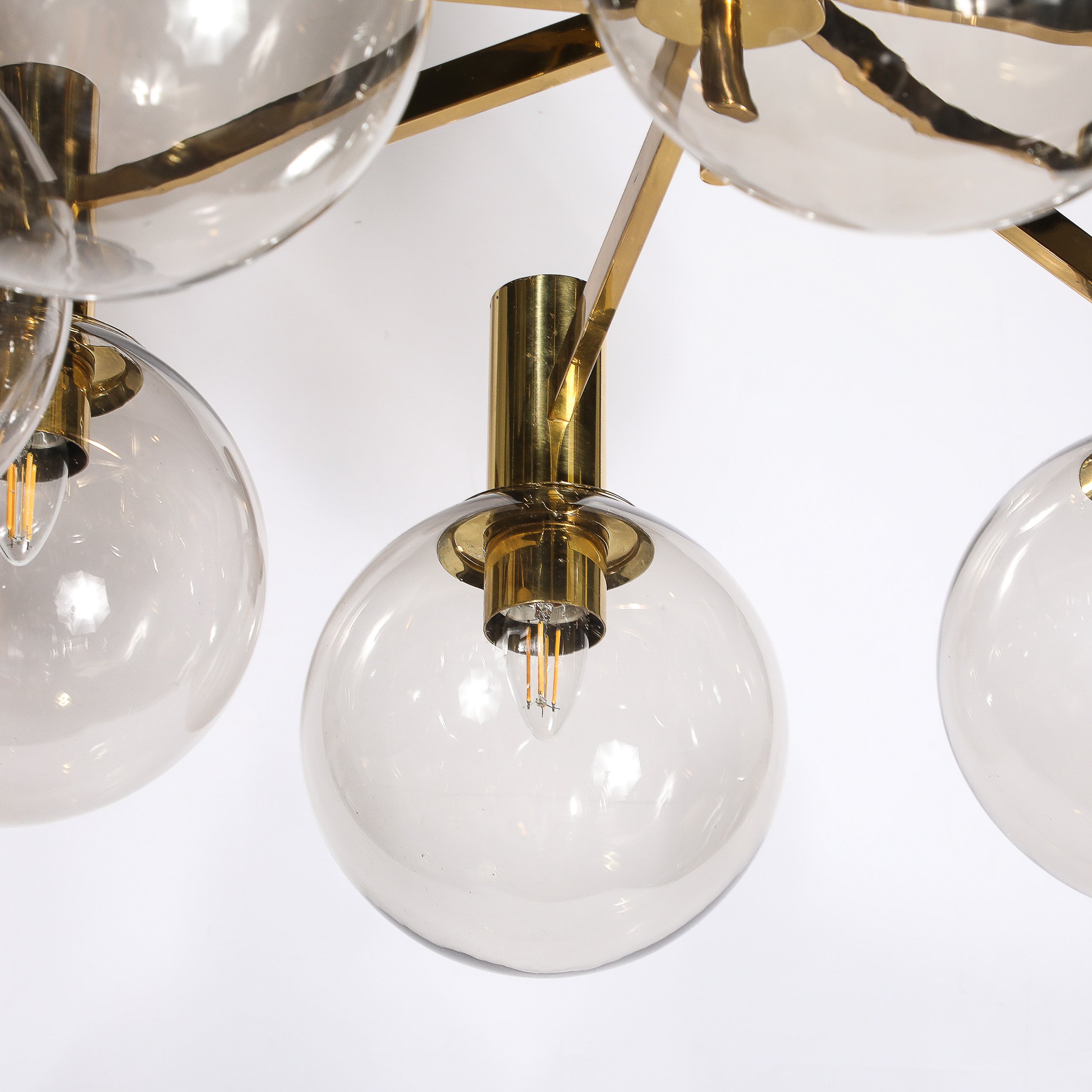 Mid-Century Modernist 8-Globe Polished Brass Chandelier by Hans